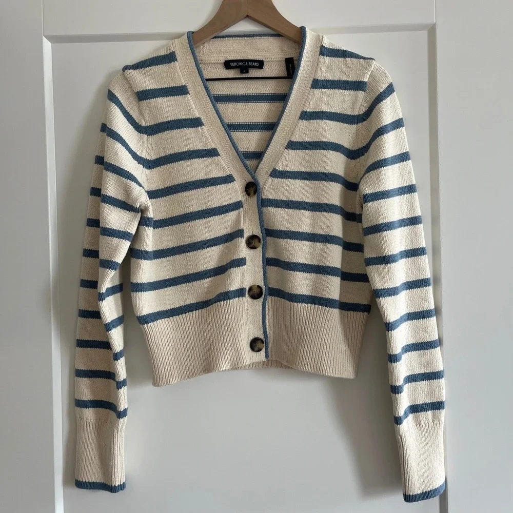 Veronica Beard Noorie Cardigan Sz Medium Ivory Blue Striped Cotton Chic Classic - Picture 5 of 16